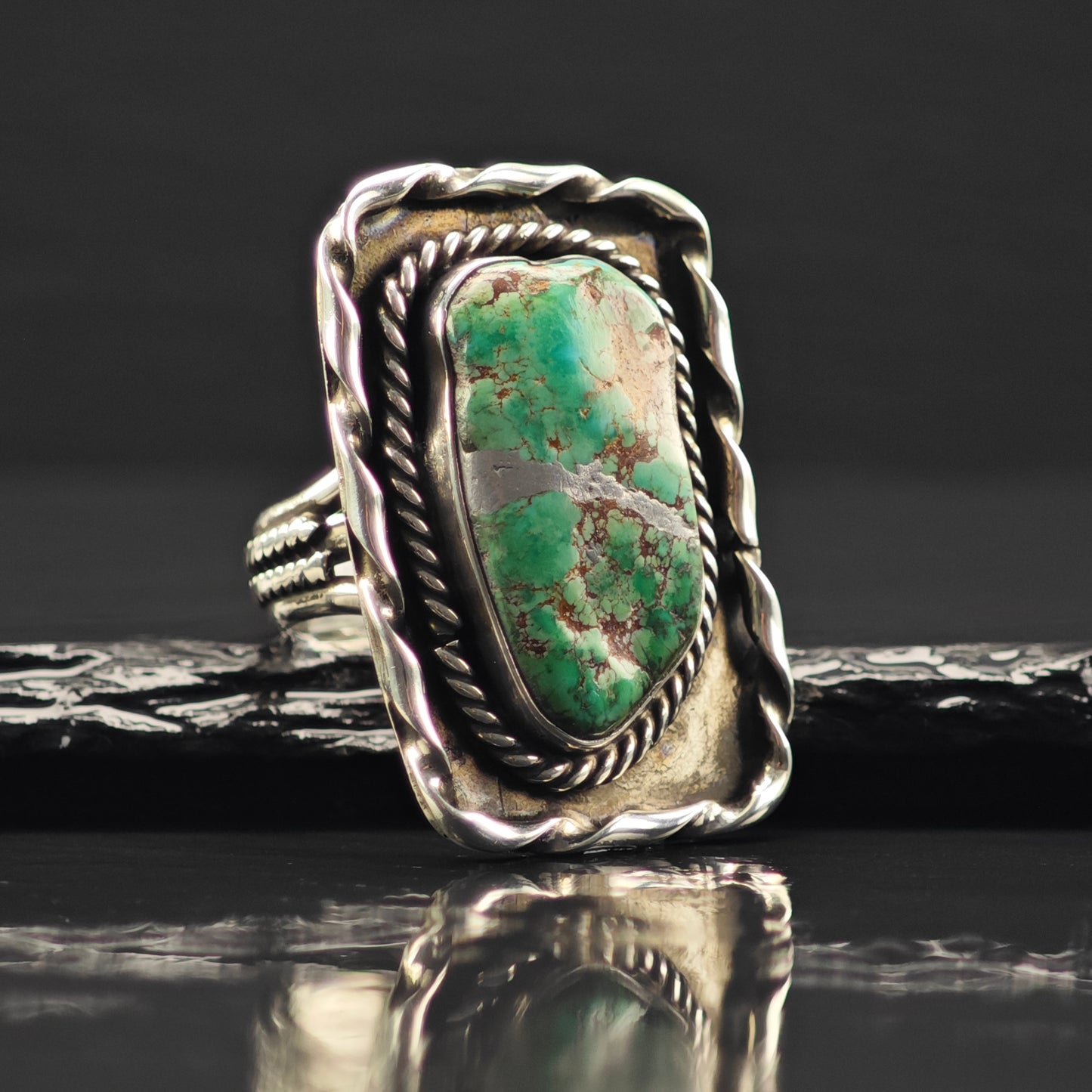 Sw Lg Green Spiderweb Turquoise Ring Sterling Silver Sz 9 R6344