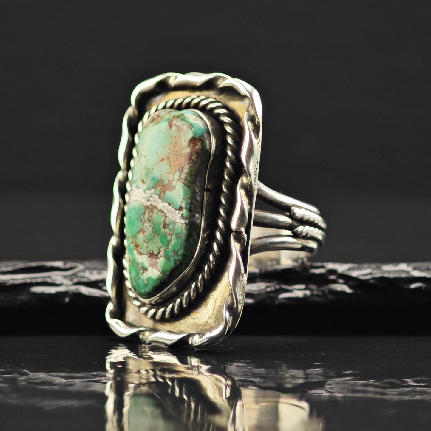 Sw Lg Green Spiderweb Turquoise Ring Sterling Silver Sz 9 R6344