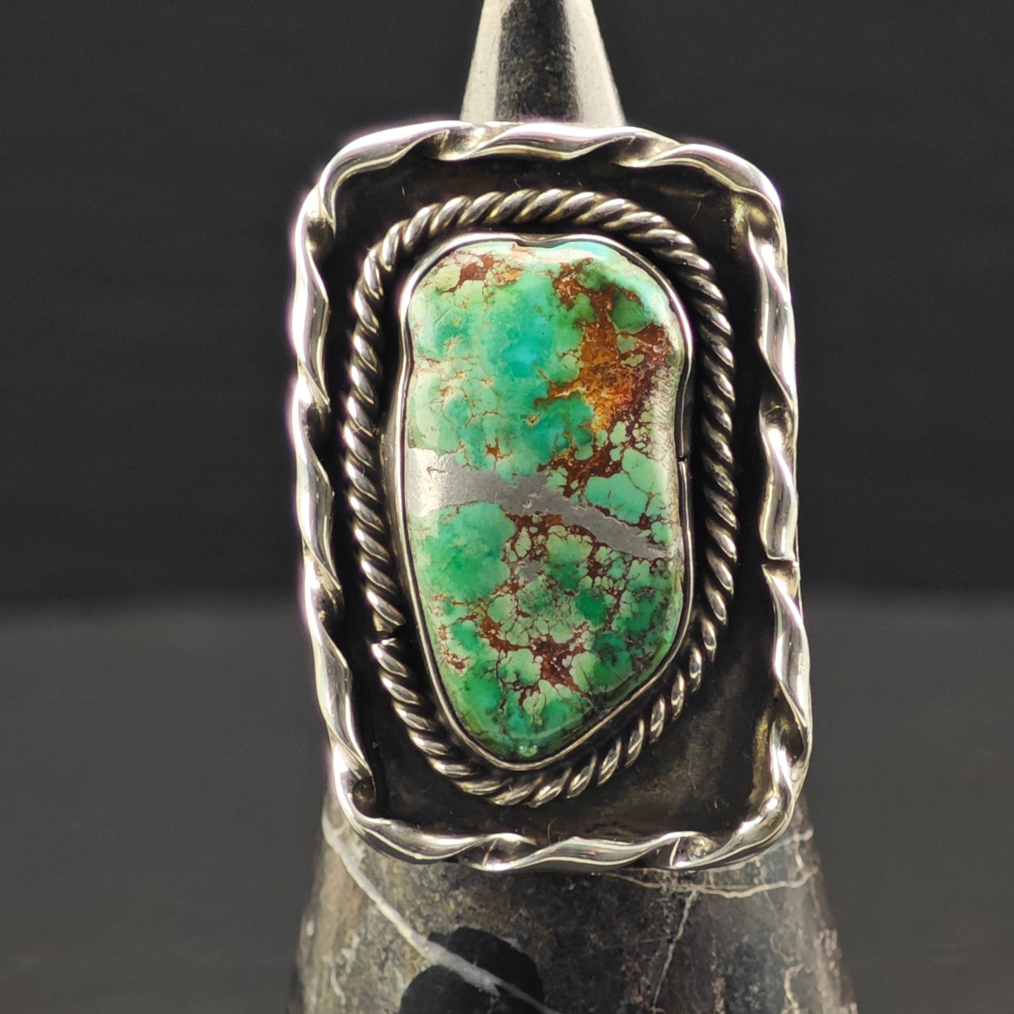 Sw Lg Green Spiderweb Turquoise Ring Sterling Silver Sz 9 R6344