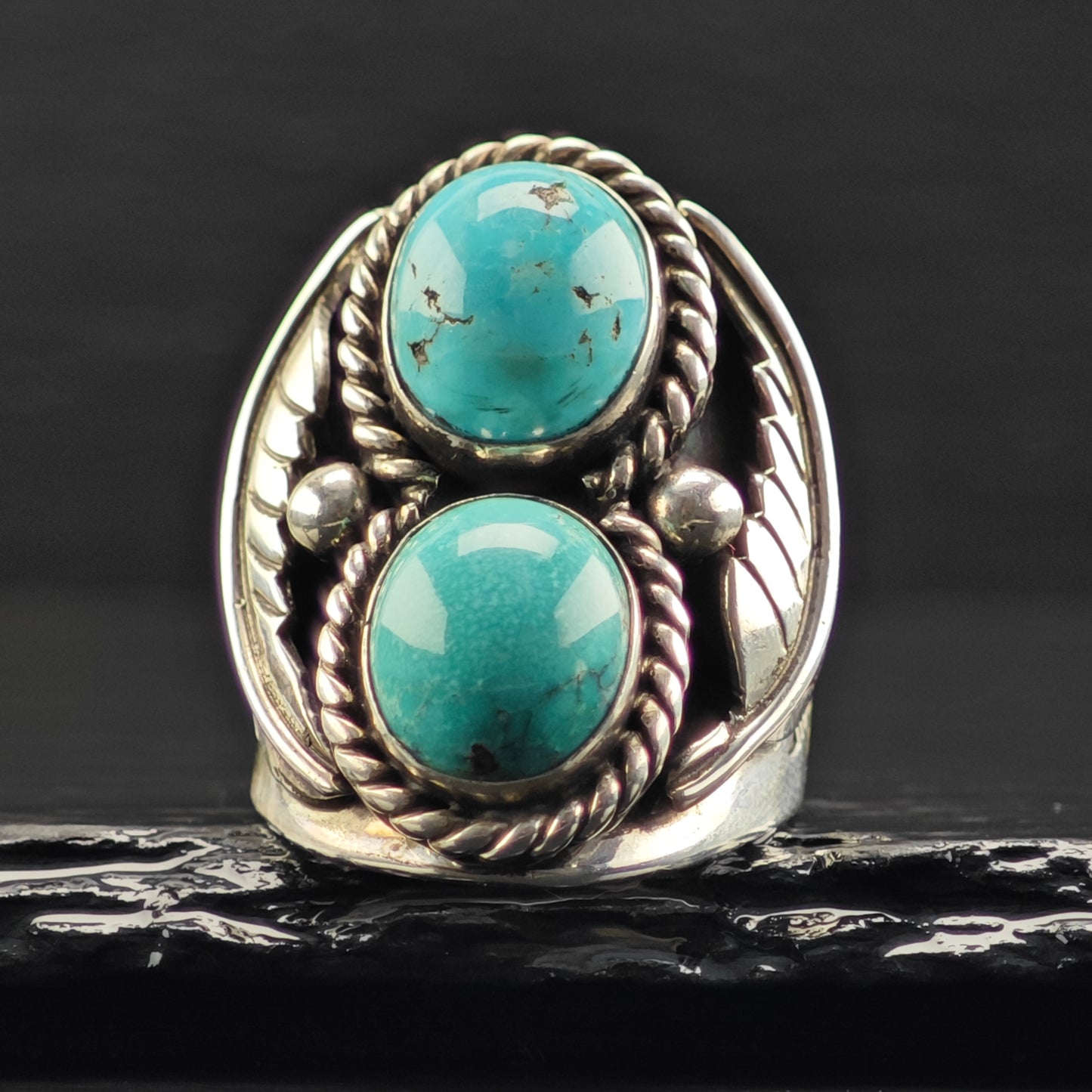 Sw Double Turquoise Ring Sterling Silver Sz 10 R6346