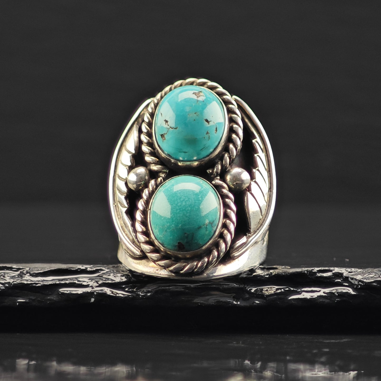 Sw Double Turquoise Ring Sterling Silver Sz 10 R6346