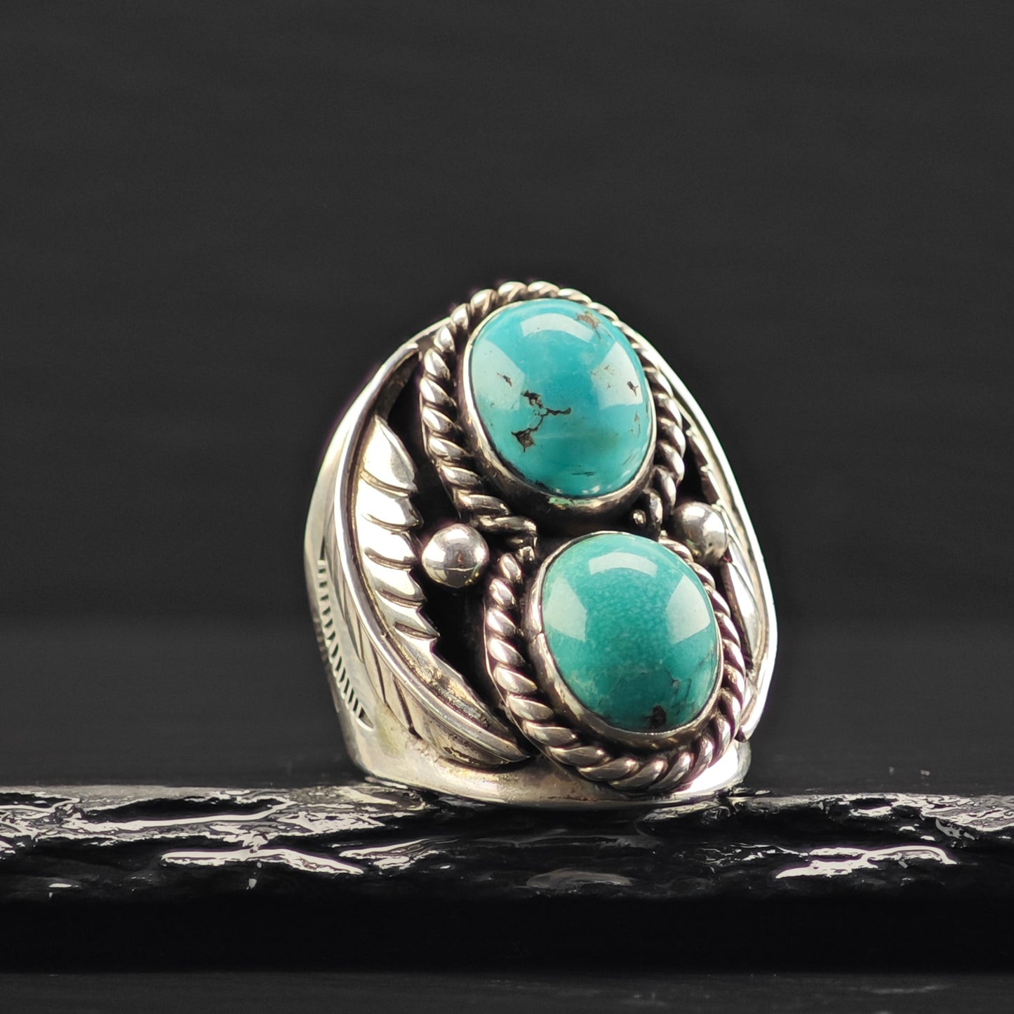Sw Double Turquoise Ring Sterling Silver Sz 10 R6346