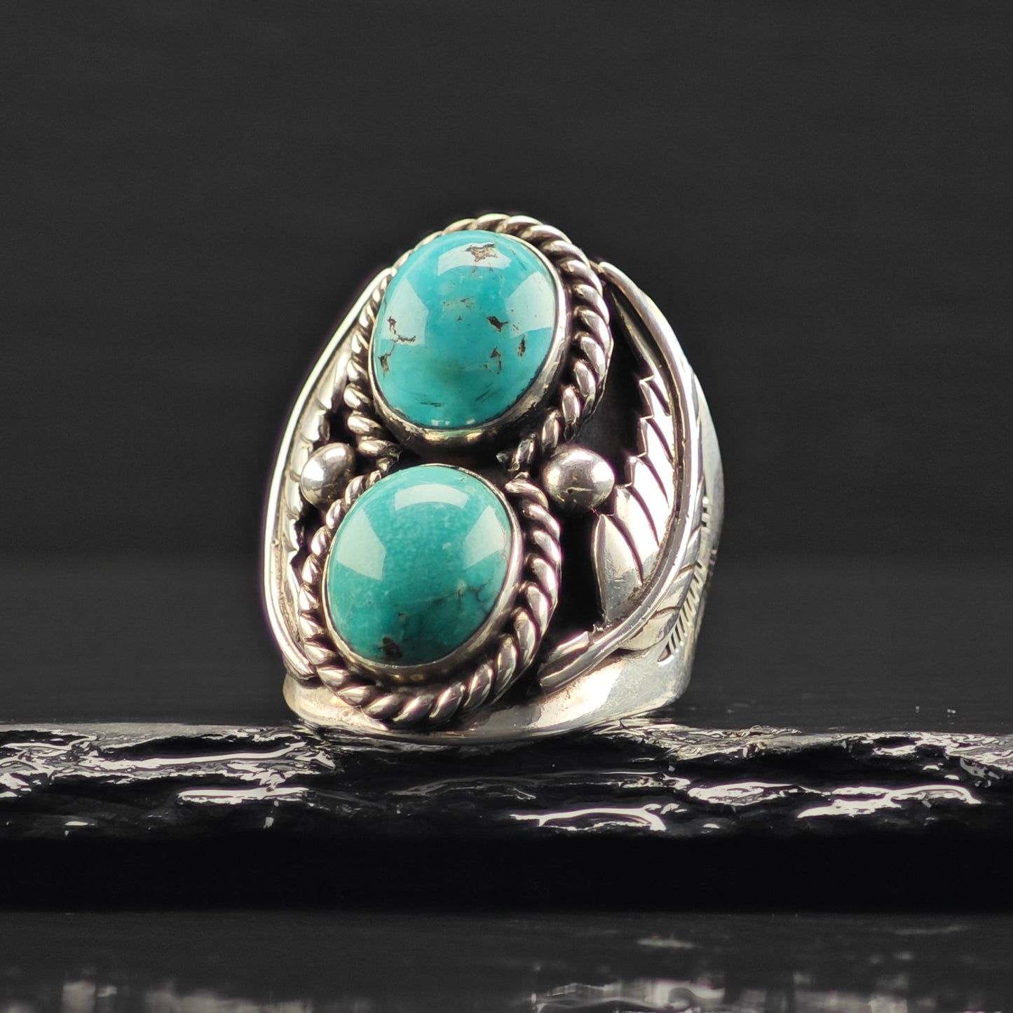 Sw Double Turquoise Ring Sterling Silver Sz 10 R6346
