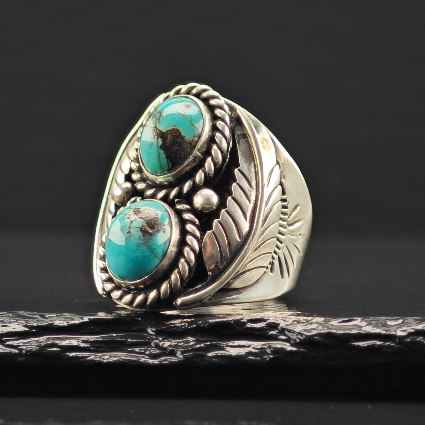Native American, Two Turquoise Ring Sterling Silver Sz 11 R6347