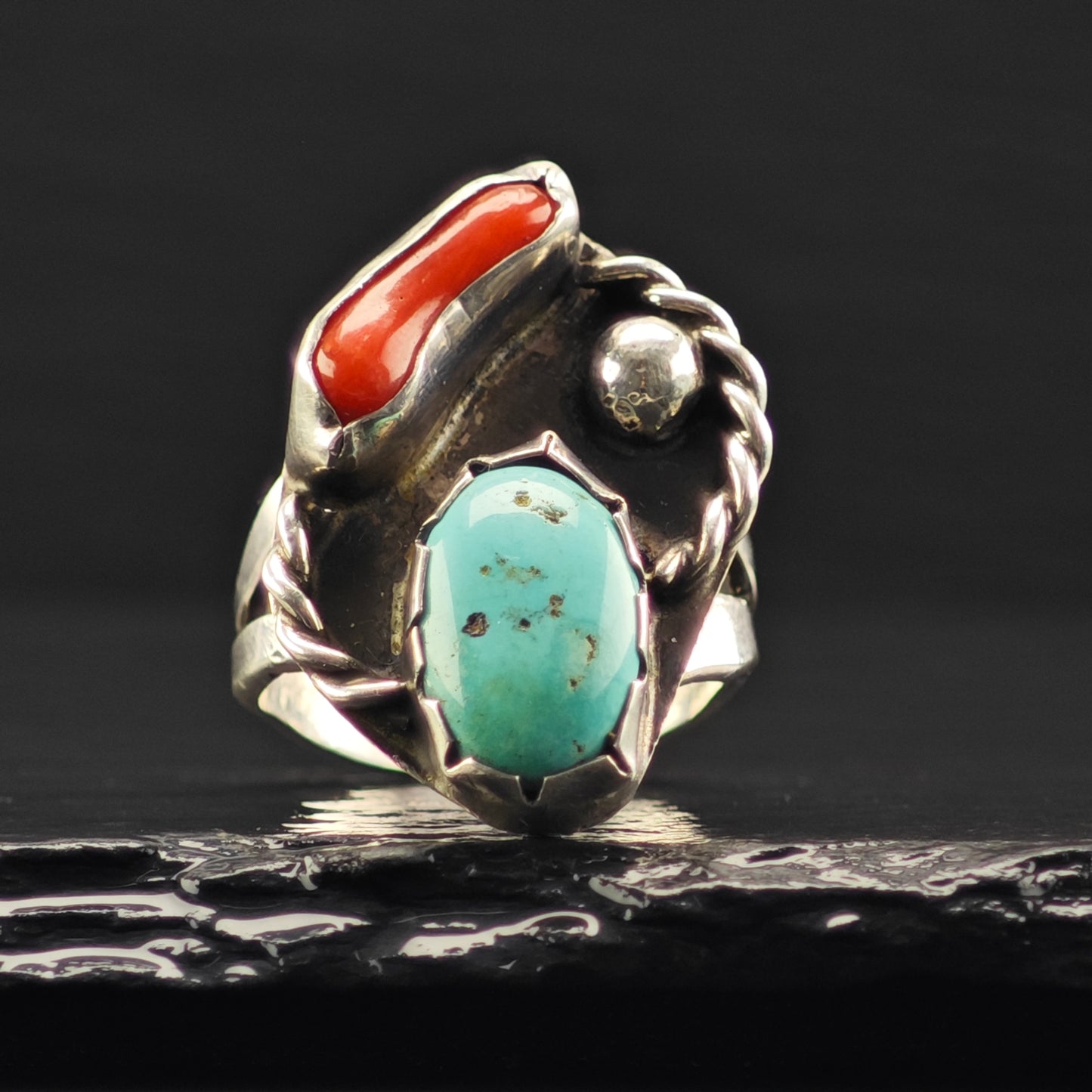 Sw Turquoise, Coral Ring Sterling Silver Sz 8 R6350