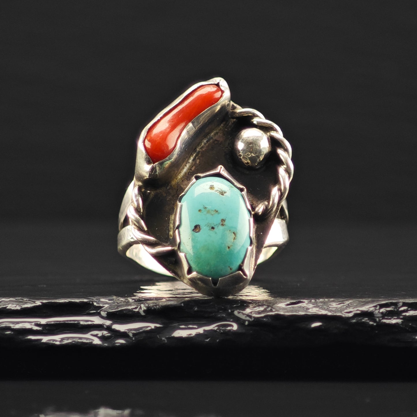Sw Turquoise, Coral Ring Sterling Silver Sz 8 R6350