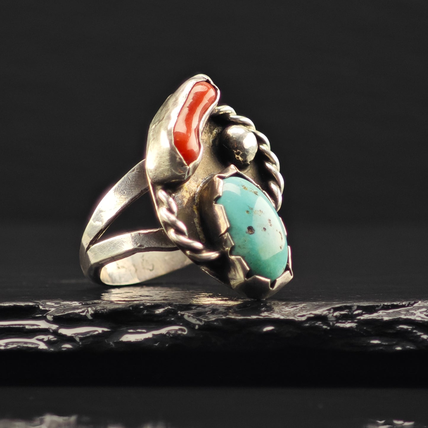 Sw Turquoise, Coral Ring Sterling Silver Sz 8 R6350