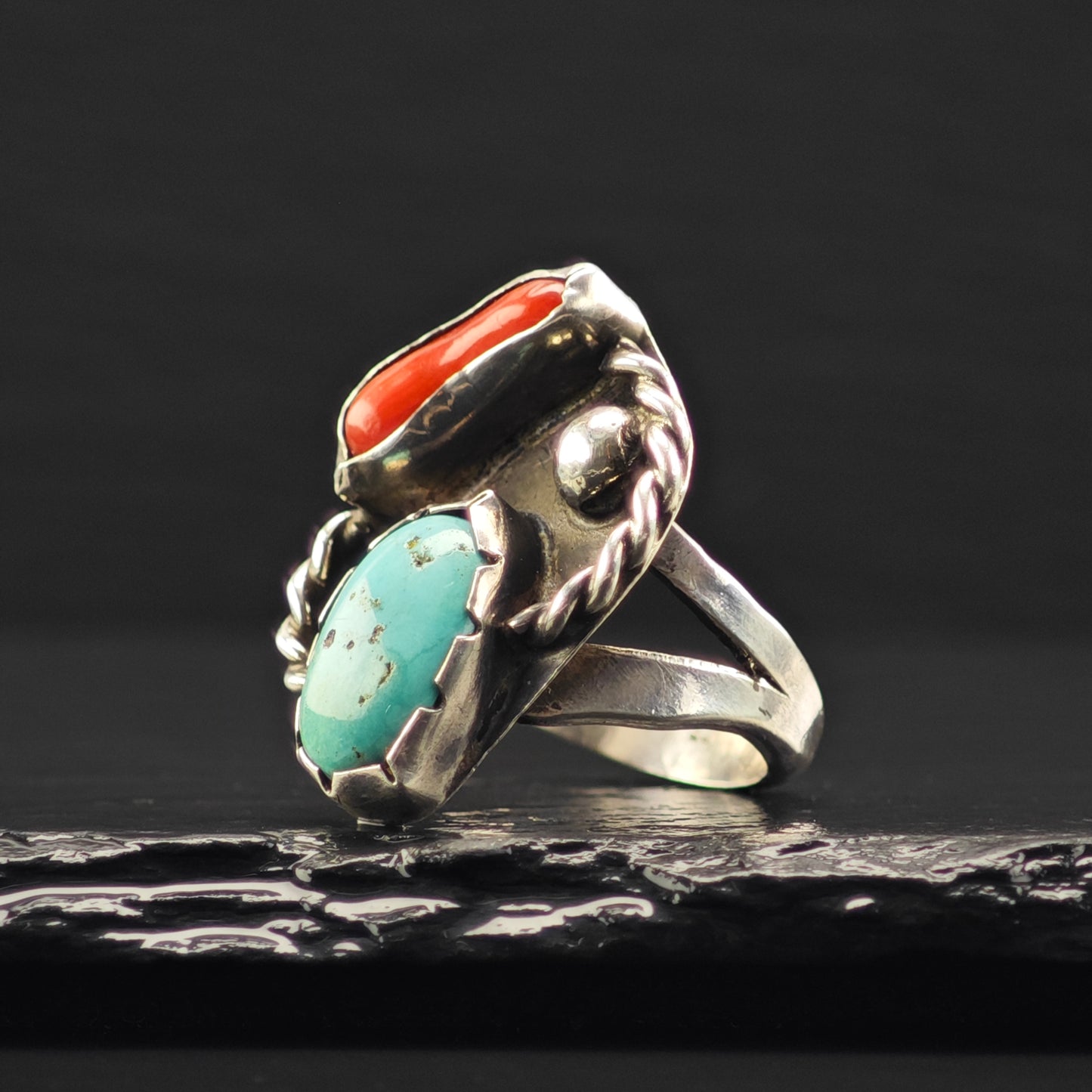 Sw Turquoise, Coral Ring Sterling Silver Sz 8 R6350
