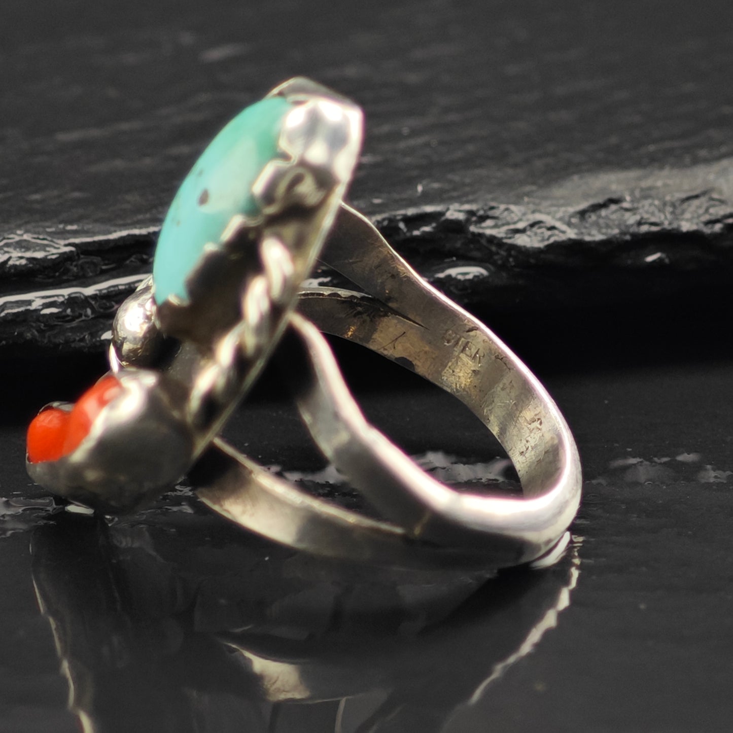 Sw Turquoise, Coral Ring Sterling Silver Sz 8 R6350