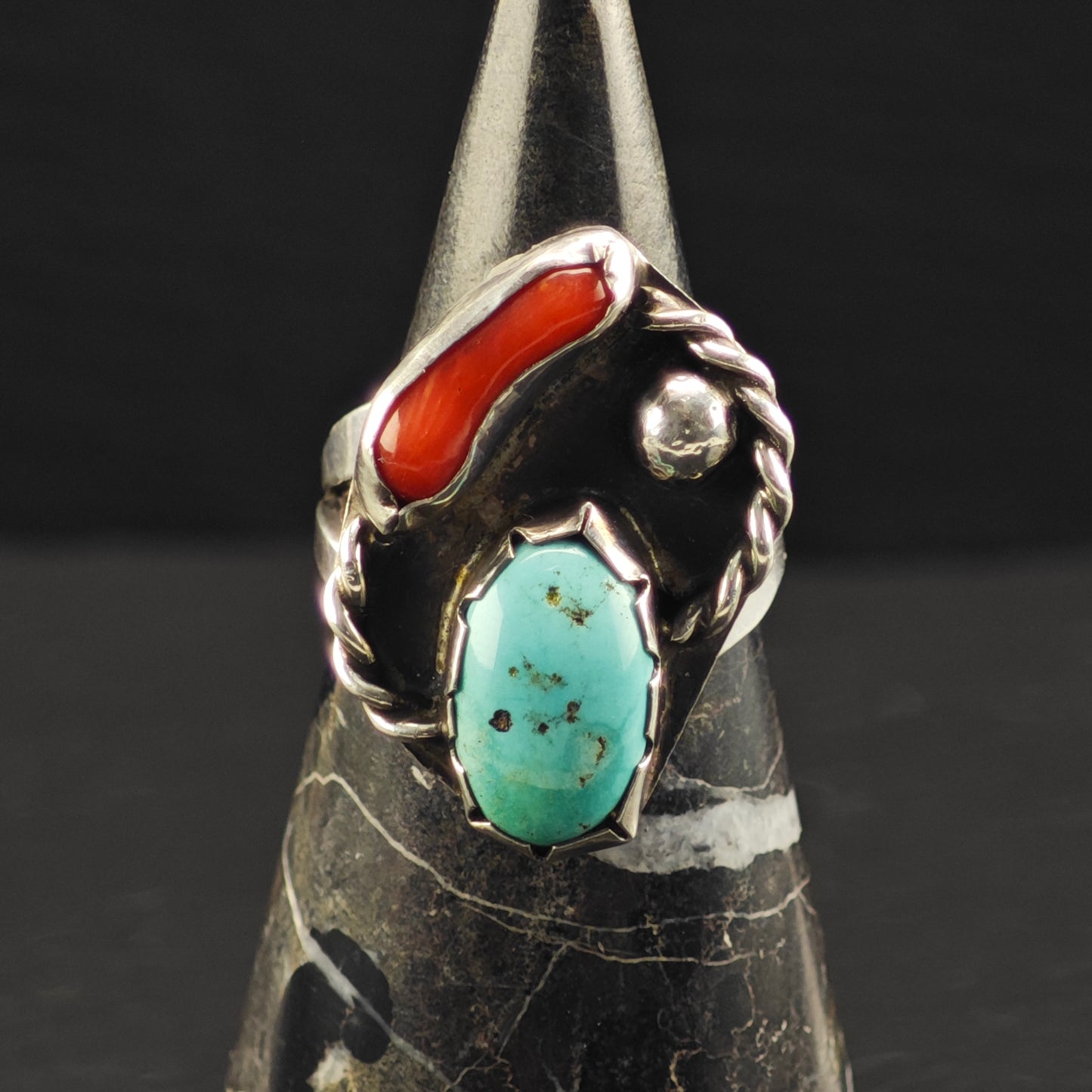 Sw Turquoise, Coral Ring Sterling Silver Sz 8 R6350