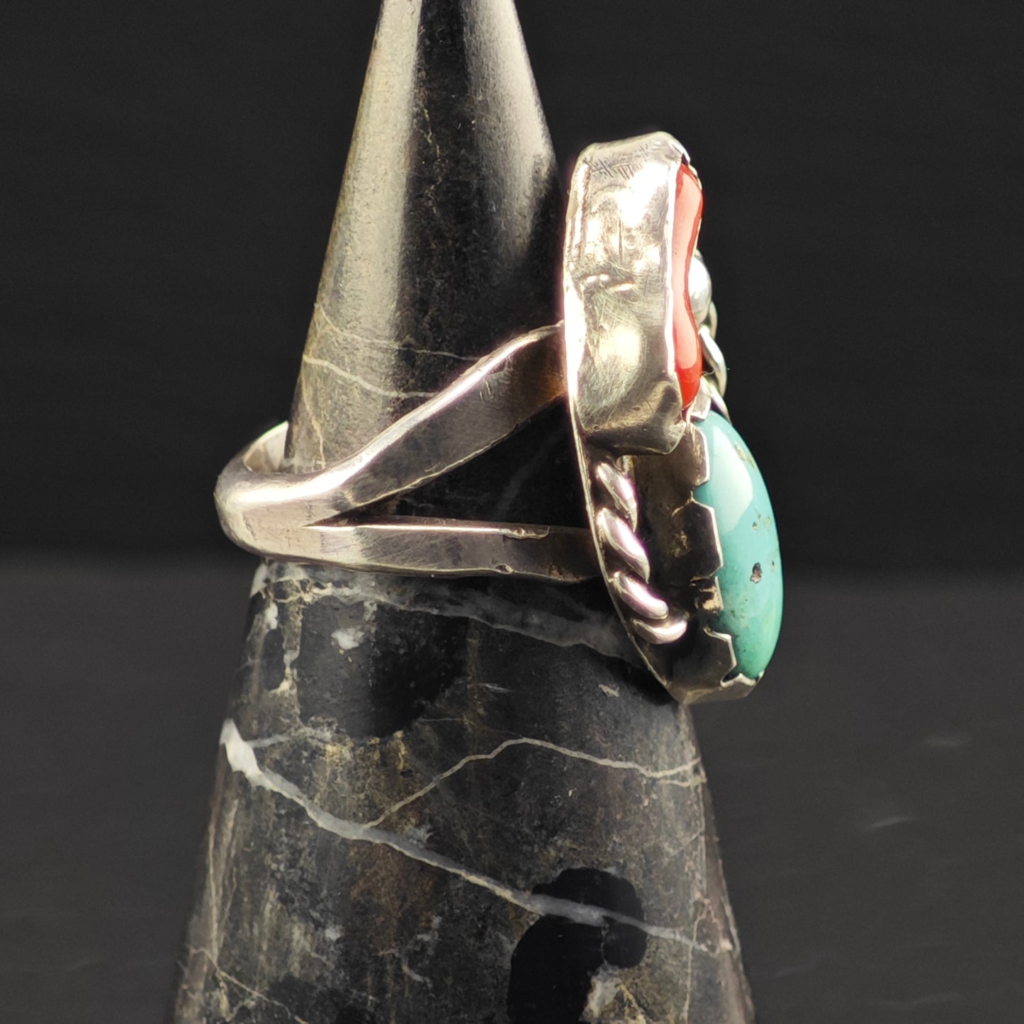 Sw Turquoise, Coral Ring Sterling Silver Sz 8 R6350