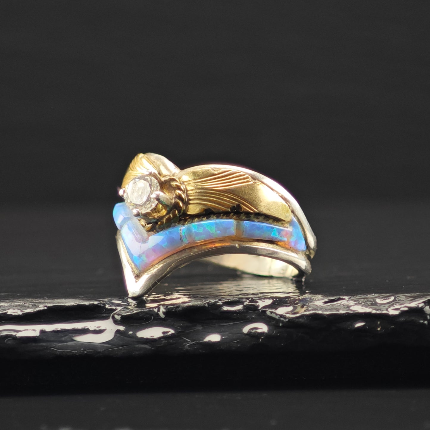 Lab Opal Gold Tone Accent Ring Sterling Silver Sz 9 R6353
