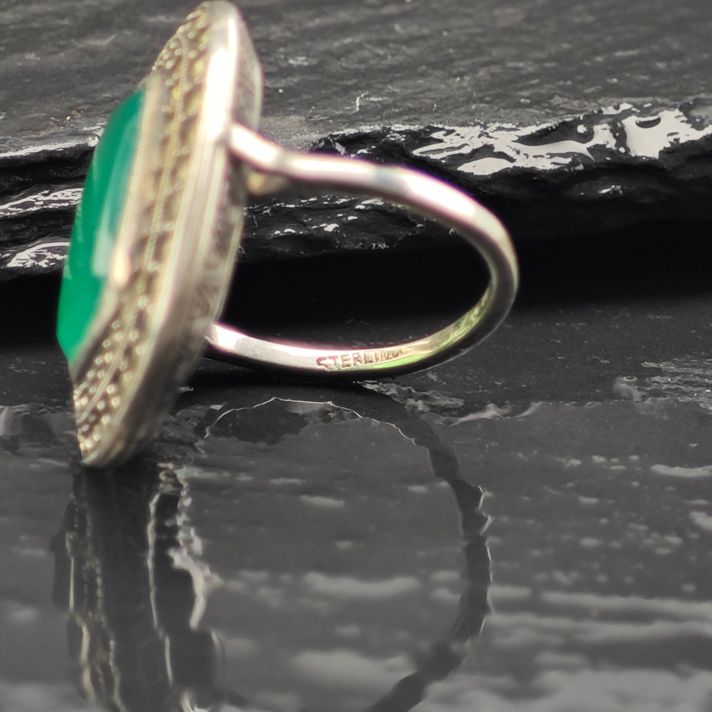 Art Deco Chrysoprase Ring Sterling Silver Sz 5 R6356