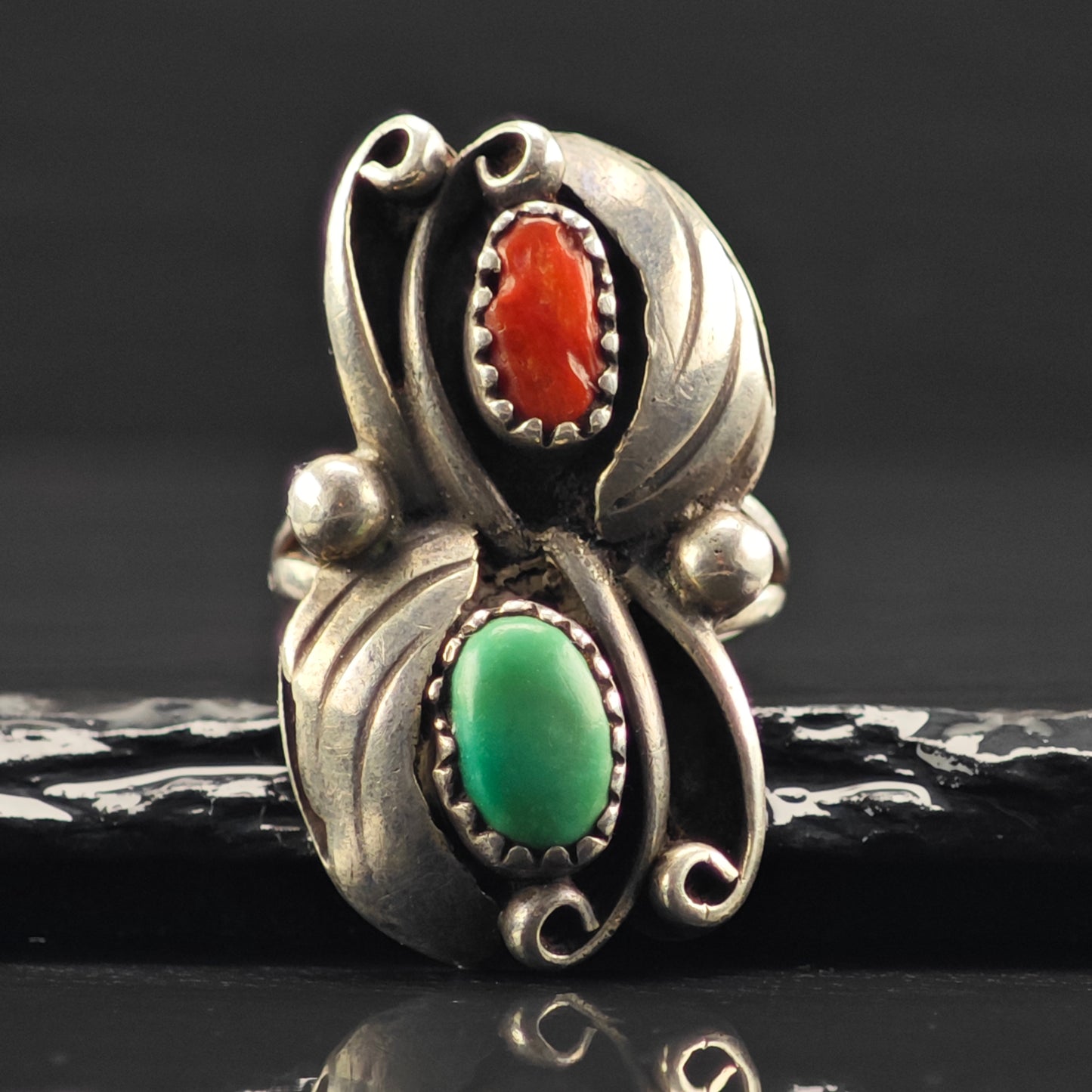Native American Turquoise, Coral Ring Sterling Silver Sz 7 R6357