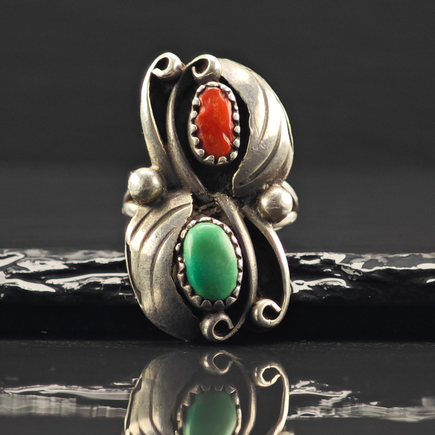 Native American Turquoise, Coral Ring Sterling Silver Sz 7 R6357