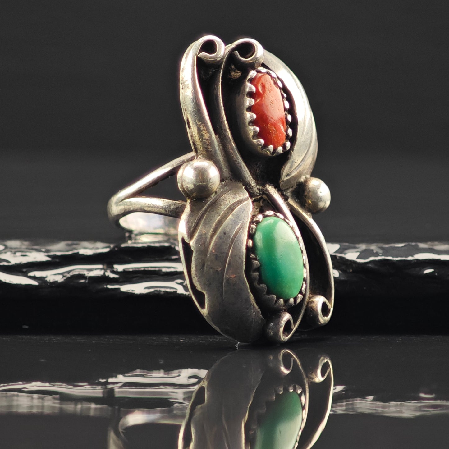 Native American Turquoise, Coral Ring Sterling Silver Sz 7 R6357
