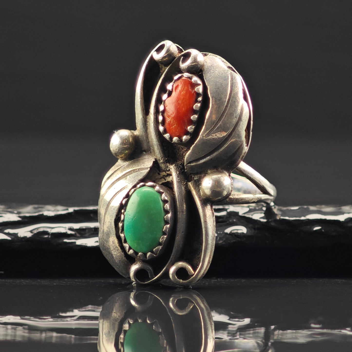Native American Turquoise, Coral Ring Sterling Silver Sz 7 R6357