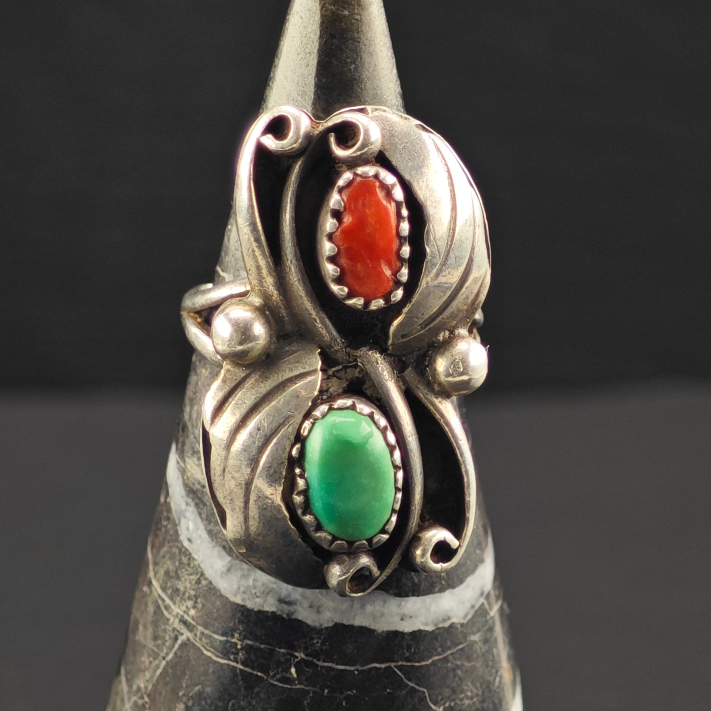 Native American Turquoise, Coral Ring Sterling Silver Sz 7 R6357