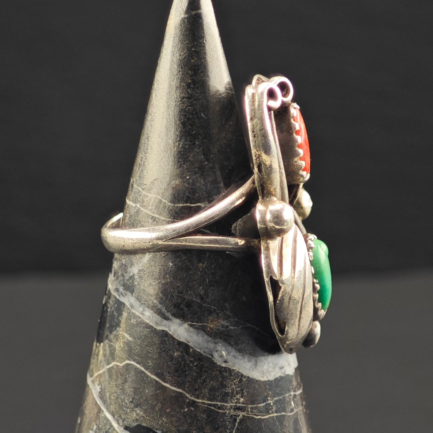 Native American Turquoise, Coral Ring Sterling Silver Sz 7 R6357