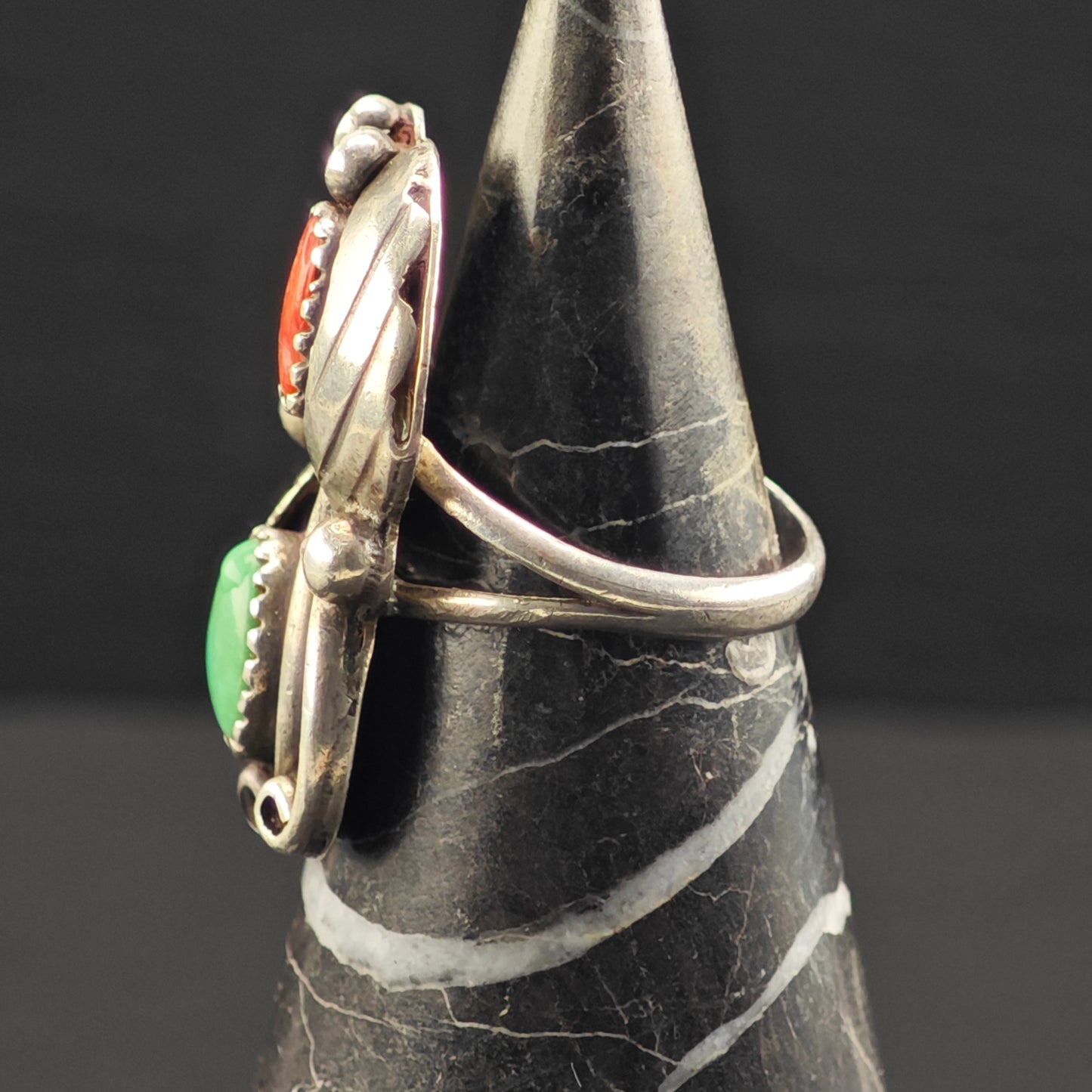 Native American Turquoise, Coral Ring Sterling Silver Sz 7 R6357