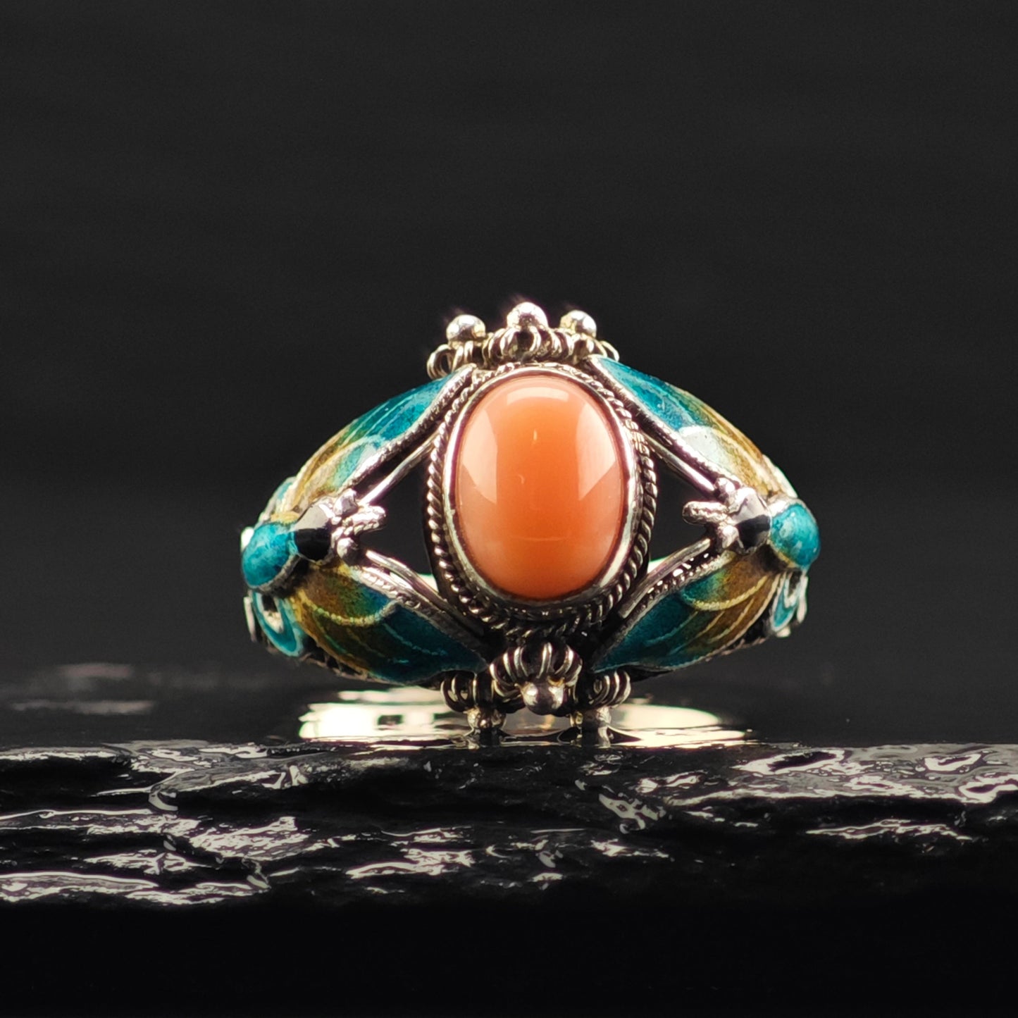 Coral, Enamel Butterfly Ring Sterling Silver Sz 7 R6361