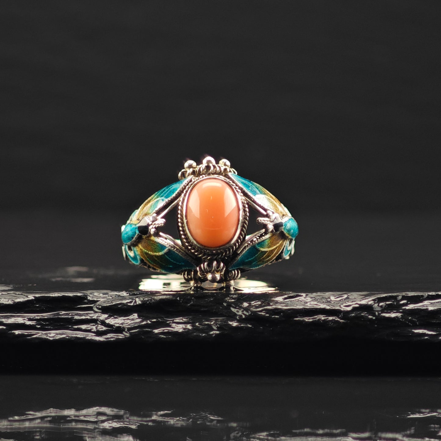 Coral, Enamel Butterfly Ring Sterling Silver Sz 7 R6361
