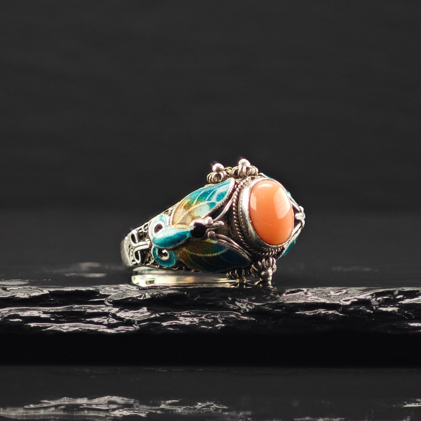 Coral, Enamel Butterfly Ring Sterling Silver Sz 7 R6361