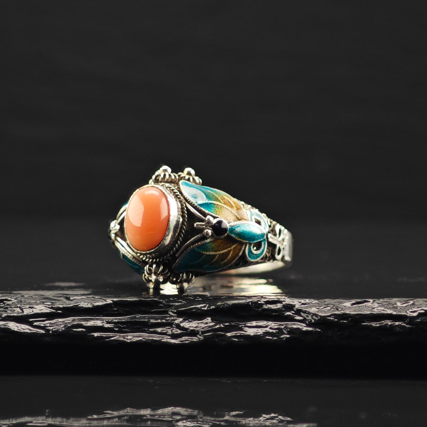 Coral, Enamel Butterfly Ring Sterling Silver Sz 7 R6361