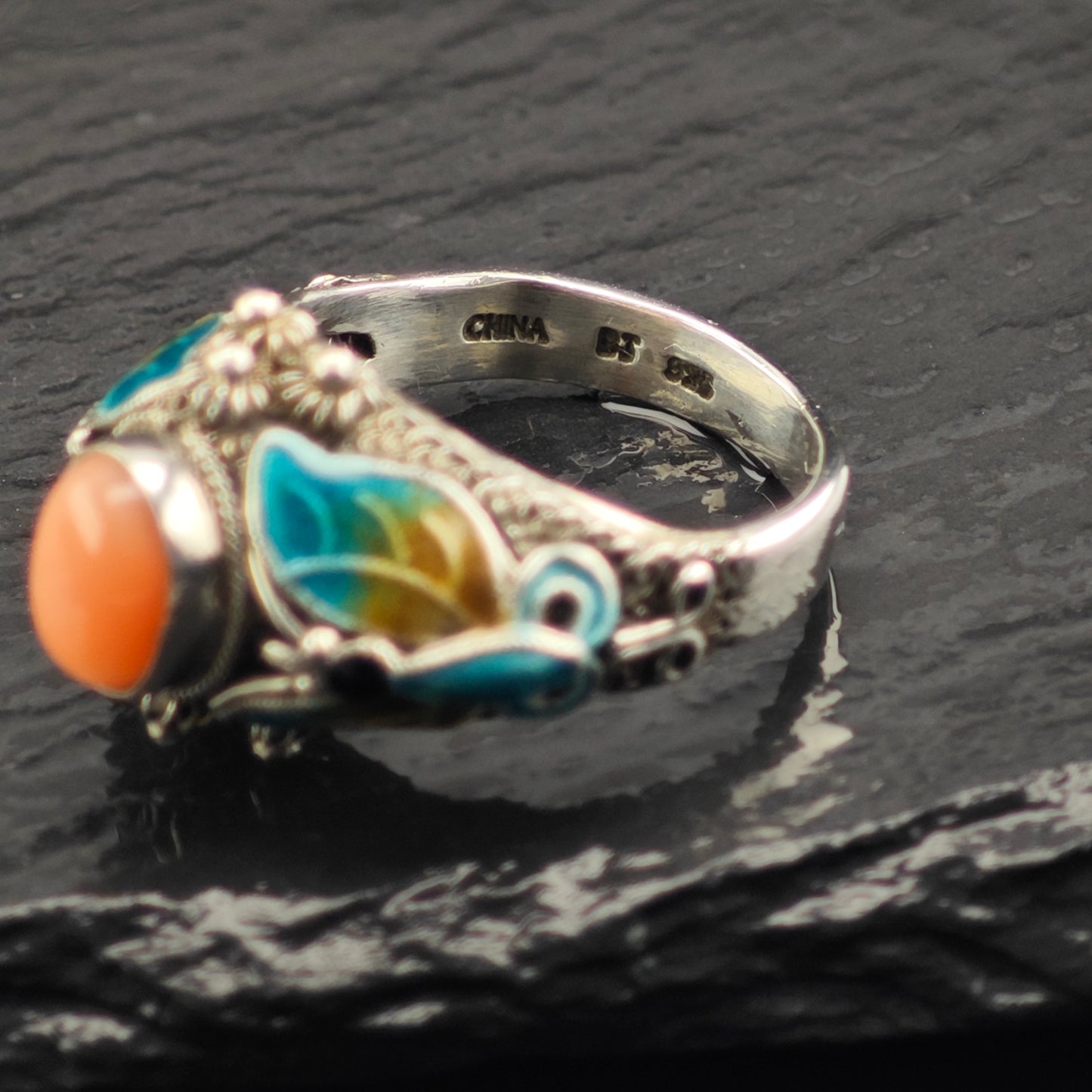 Coral, Enamel Butterfly Ring Sterling Silver Sz 7 R6361
