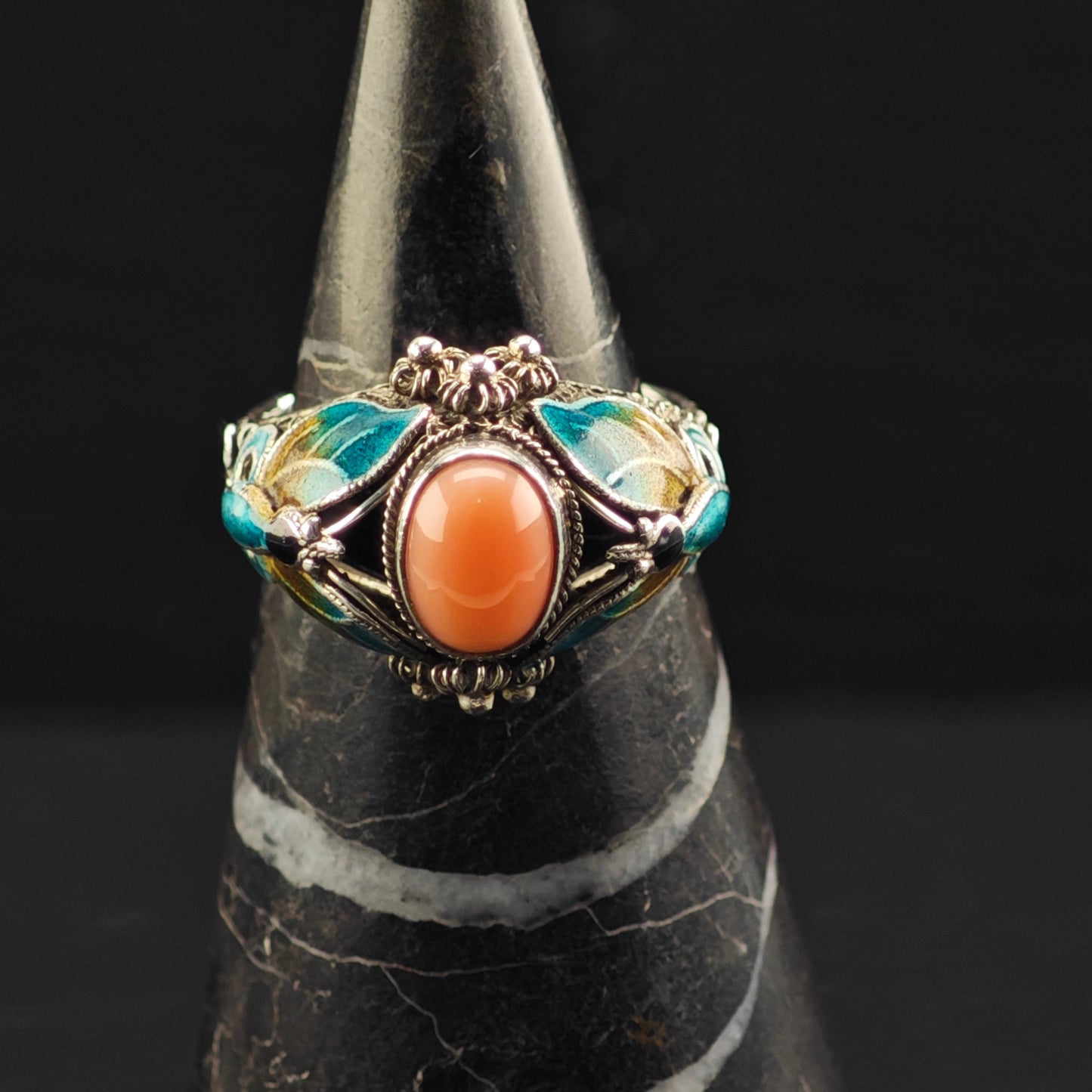 Coral, Enamel Butterfly Ring Sterling Silver Sz 7 R6361