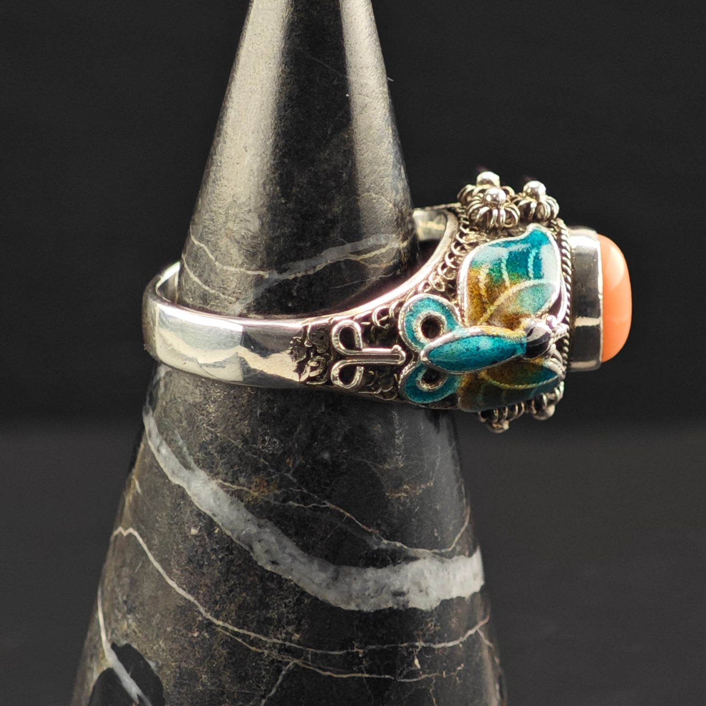 Coral, Enamel Butterfly Ring Sterling Silver Sz 7 R6361