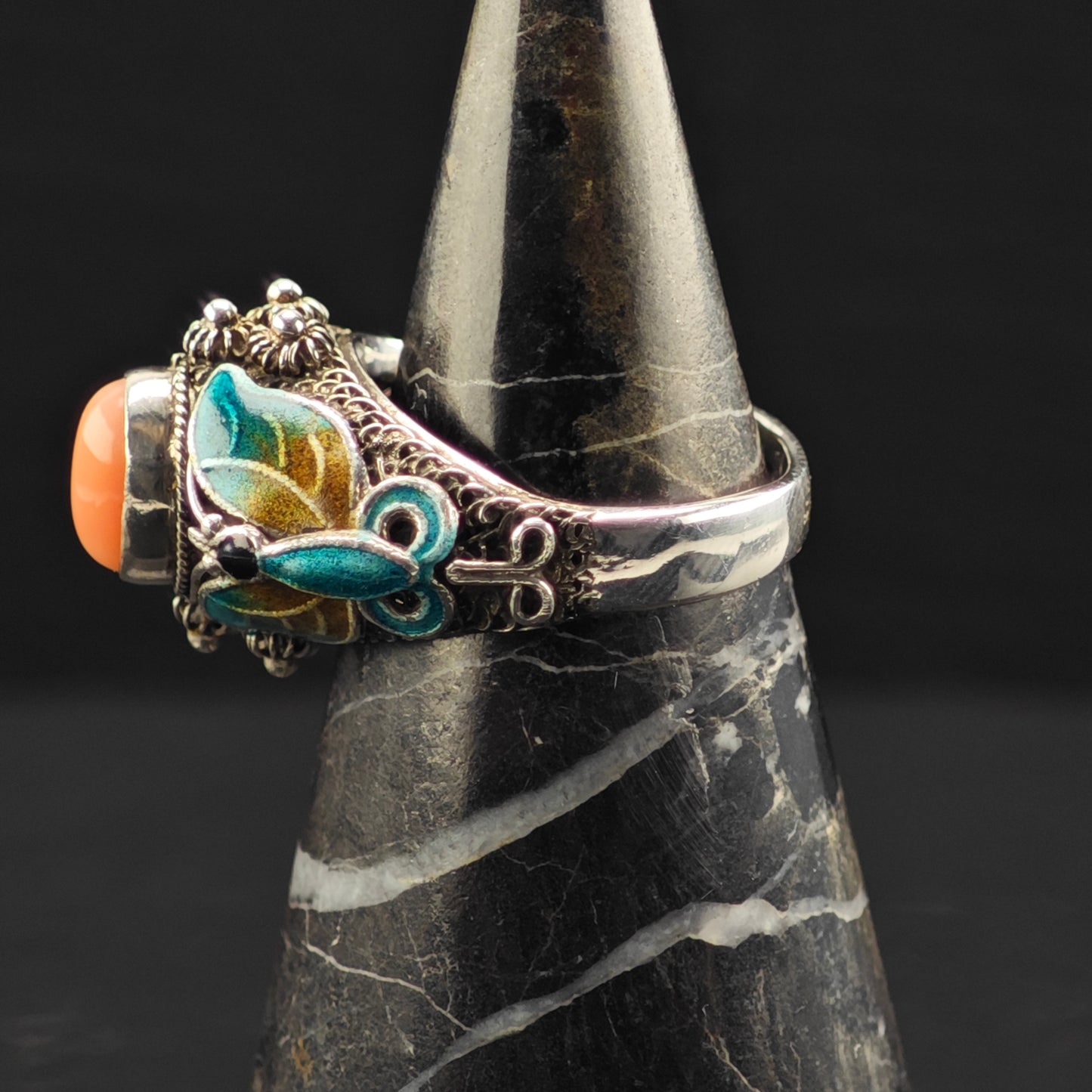 Coral, Enamel Butterfly Ring Sterling Silver Sz 7 R6361
