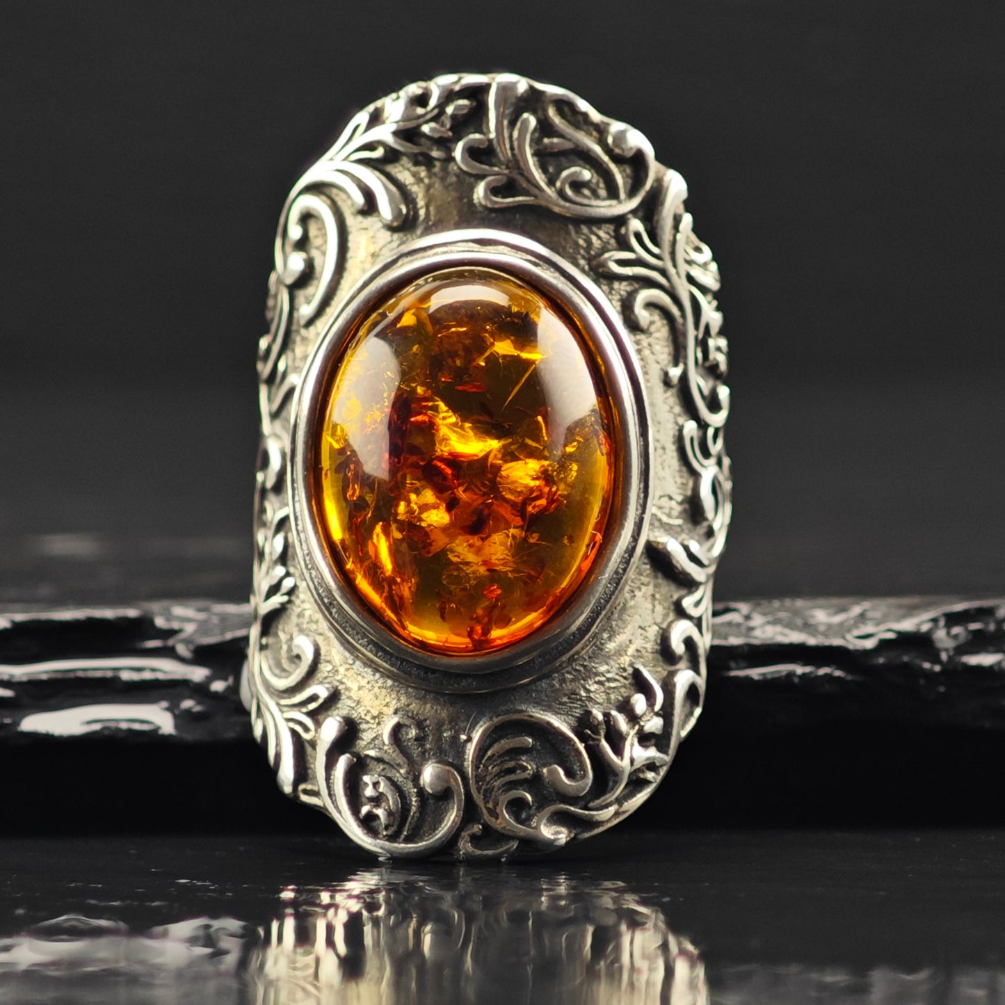 Israel PZ Amber, Filigree Ring Sterling Silver Sz 7 R6364