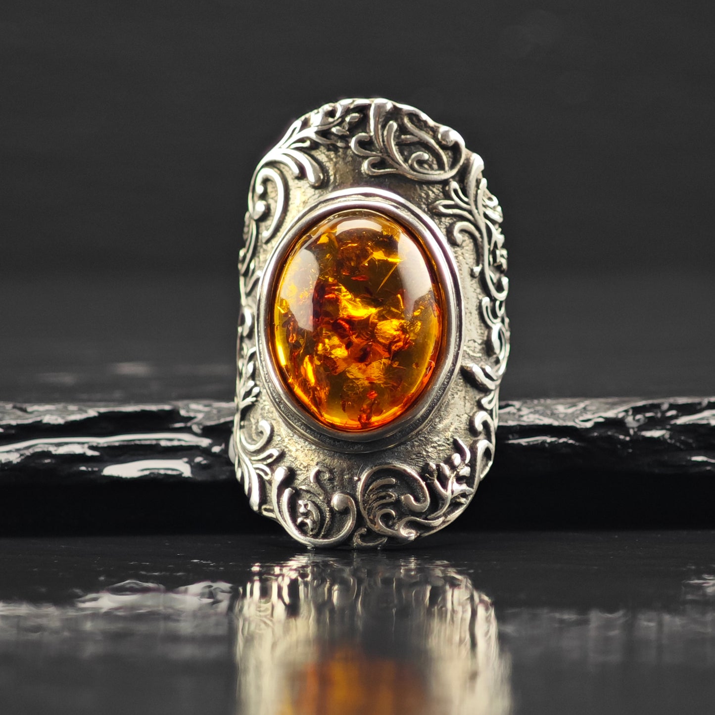 Israel PZ Amber, Filigree Ring Sterling Silver Sz 7 R6364