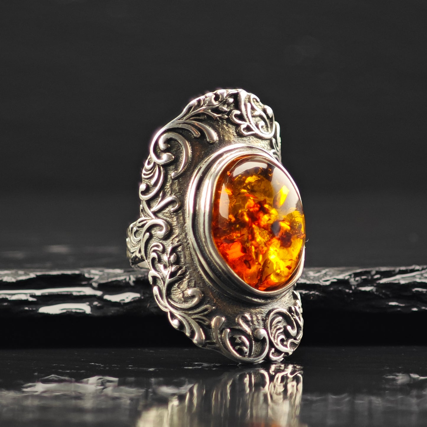 Israel PZ Amber, Filigree Ring Sterling Silver Sz 7 R6364