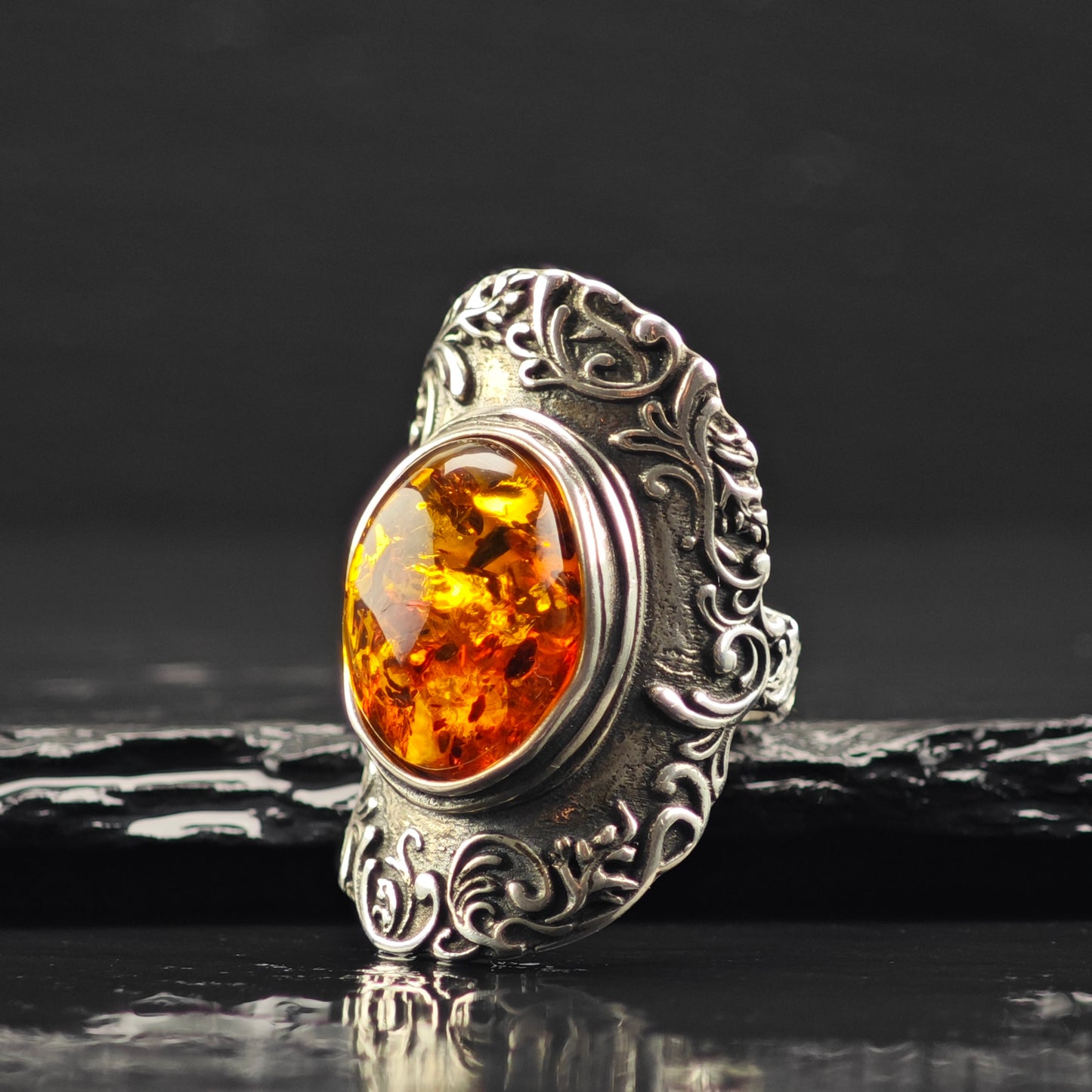 Israel PZ Amber, Filigree Ring Sterling Silver Sz 7 R6364