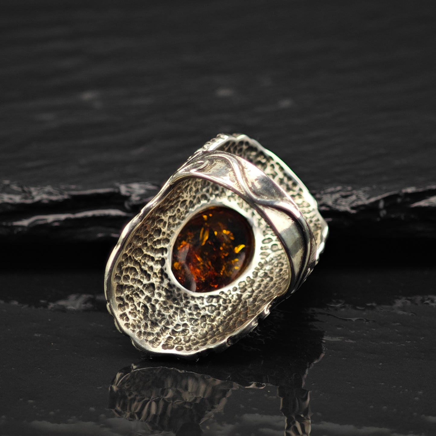 Israel PZ Amber, Filigree Ring Sterling Silver Sz 7 R6364