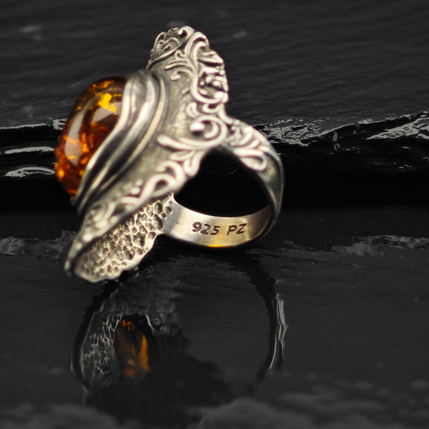 Israel PZ Amber, Filigree Ring Sterling Silver Sz 7 R6364