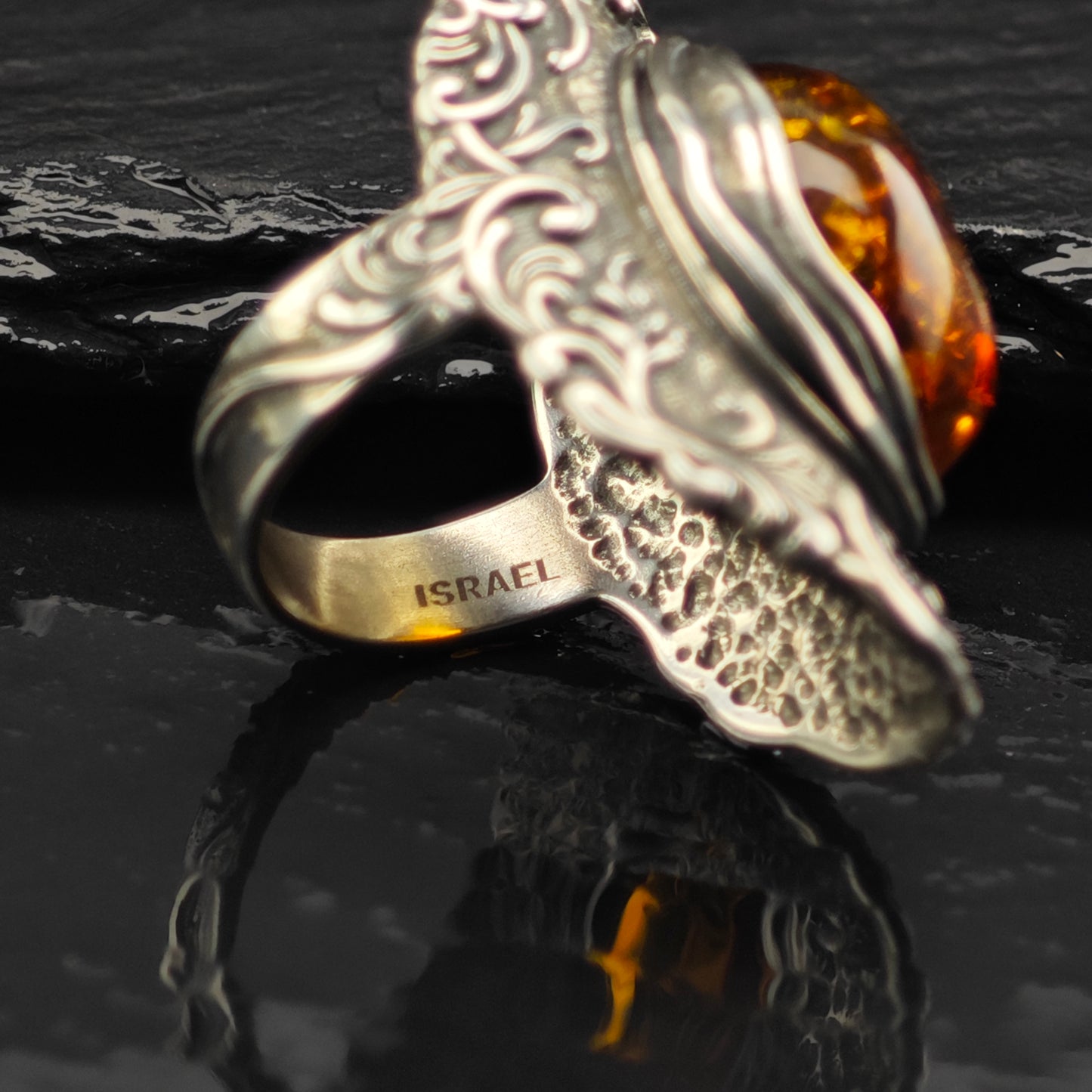 Israel PZ Amber, Filigree Ring Sterling Silver Sz 7 R6364