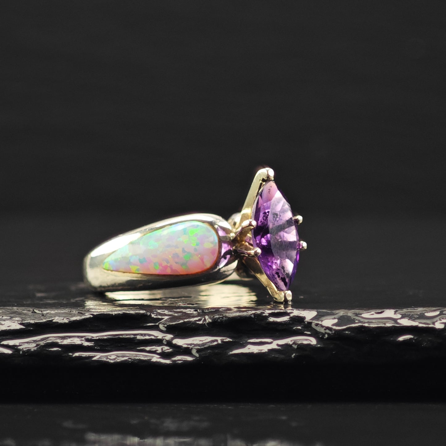 Amethyst, Lab Opal Ring Sterling Silver Sz 6 R6366