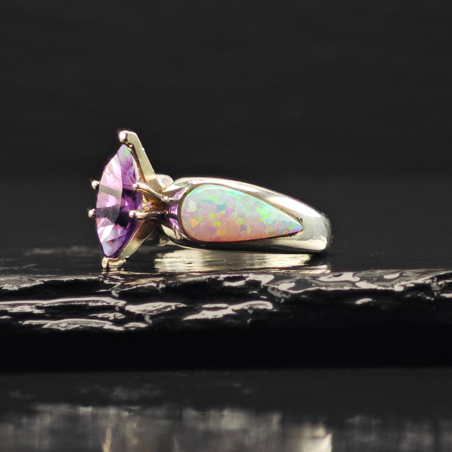 Amethyst, Lab Opal Ring Sterling Silver Sz 6 R6366