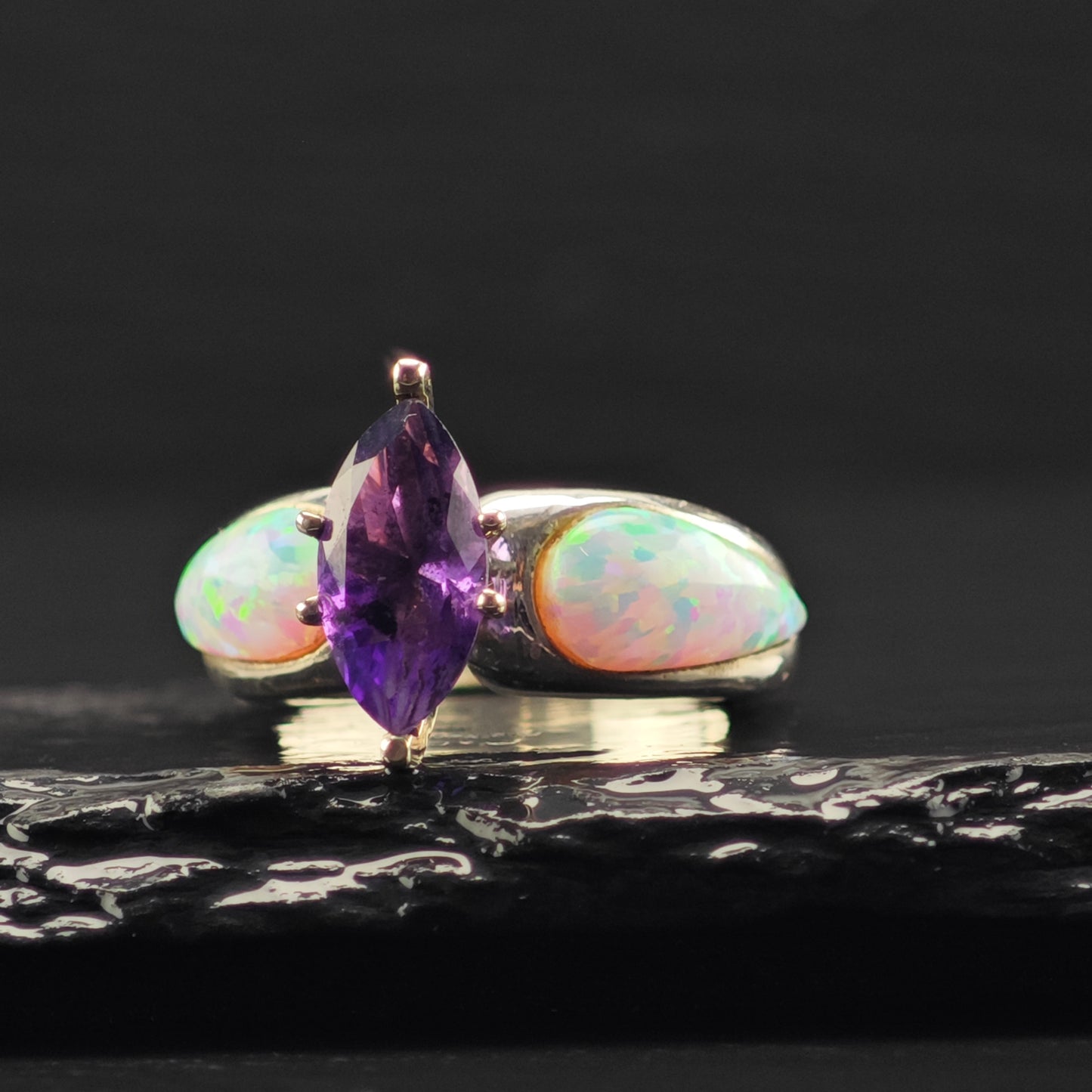 Amethyst, Lab Opal Ring Sterling Silver Sz 6 R6366