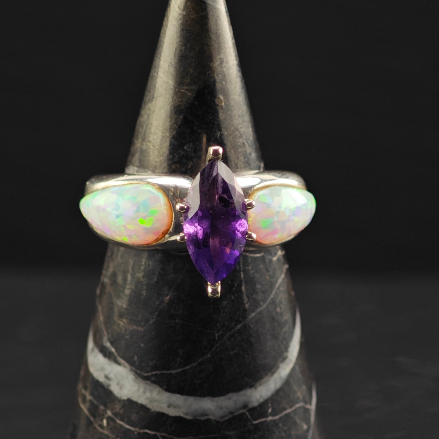 Amethyst, Lab Opal Ring Sterling Silver Sz 6 R6366