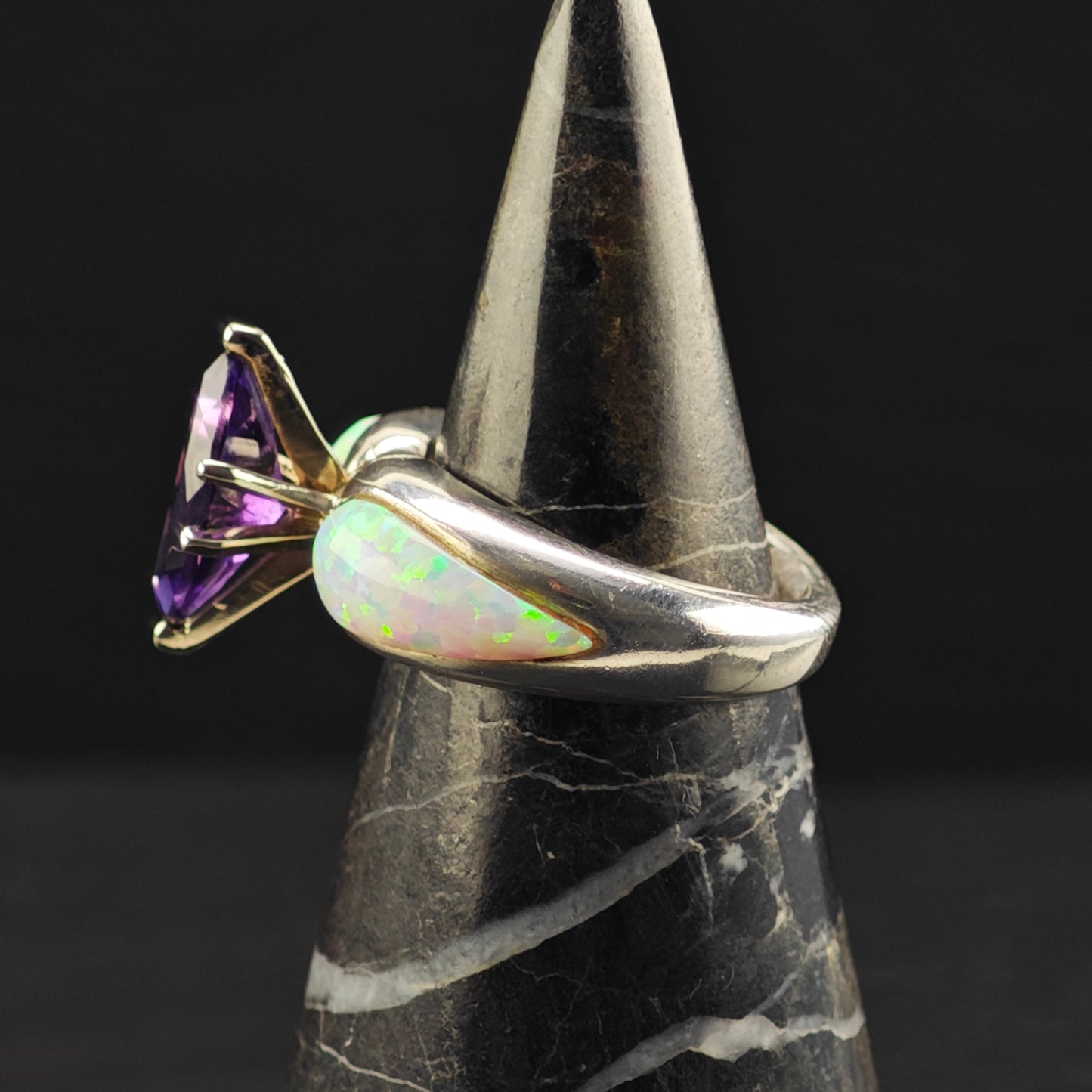 Amethyst, Lab Opal Ring Sterling Silver Sz 6 R6366