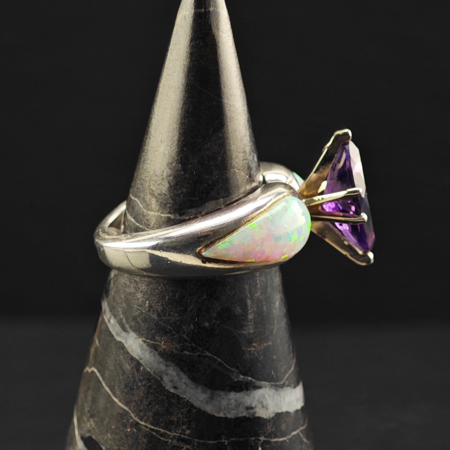Amethyst, Lab Opal Ring Sterling Silver Sz 6 R6366