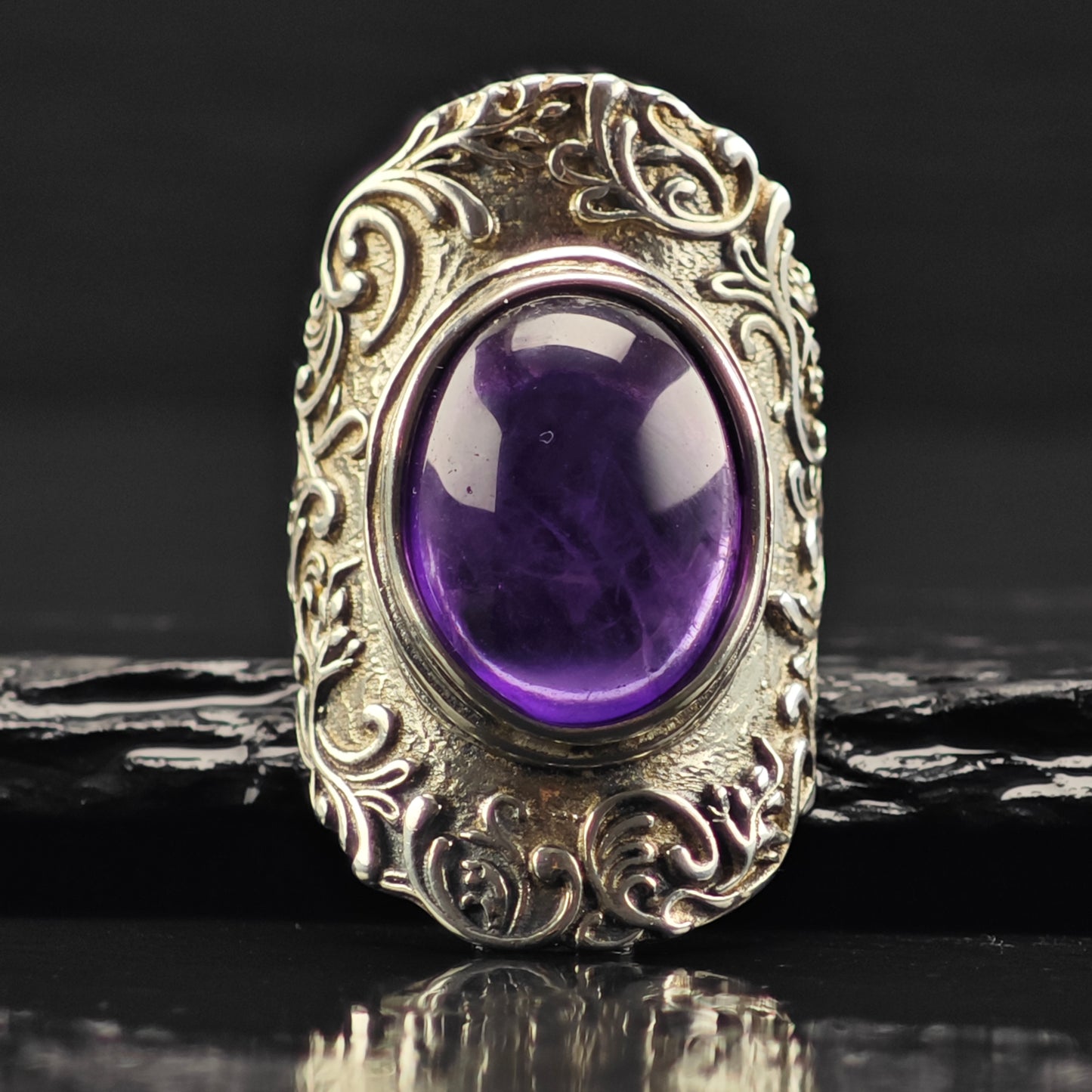 Israel PZ Amethyst Cabochon, Filigree Ring Sterling Silver Sz 7 R6370
