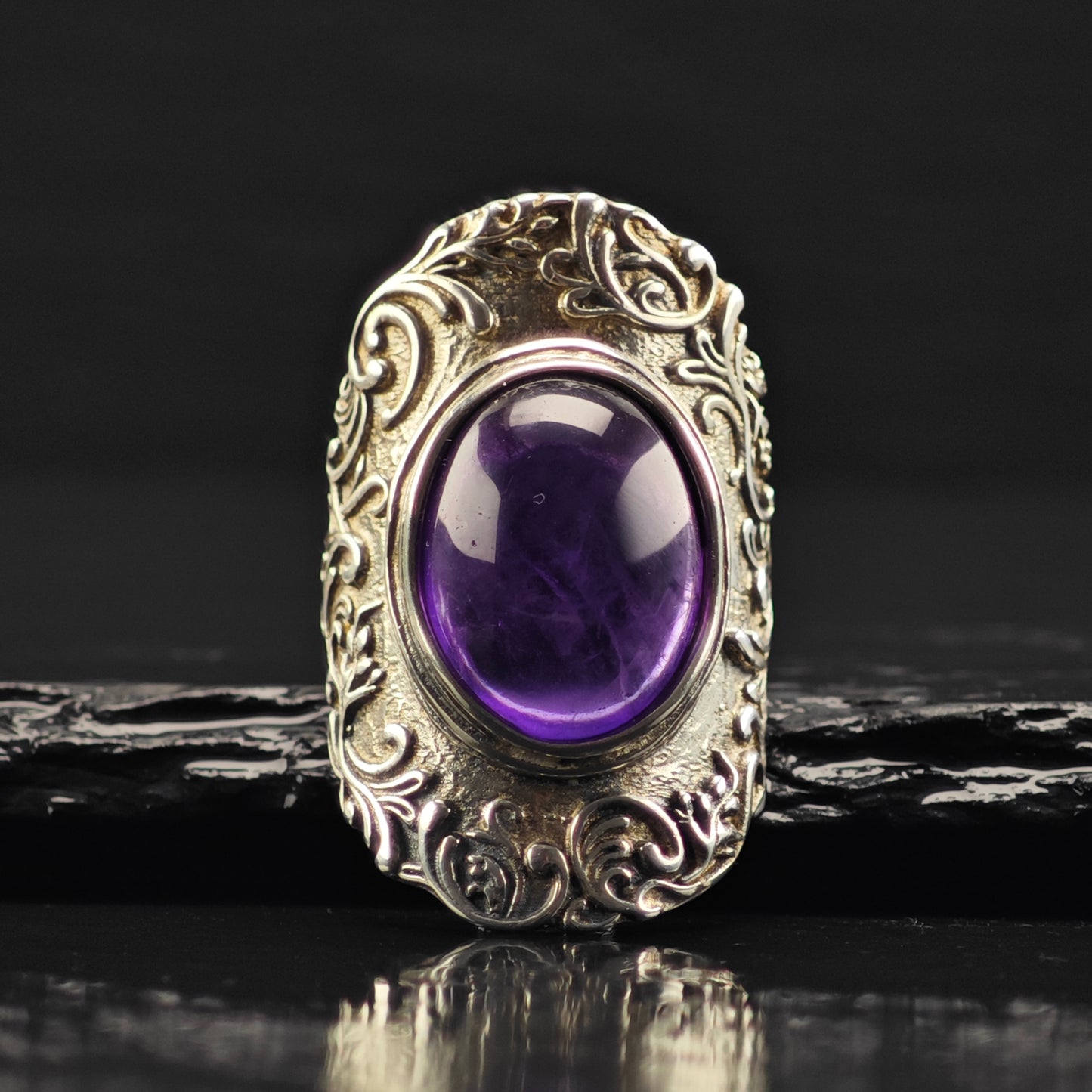 Israel PZ Amethyst Cabochon, Filigree Ring Sterling Silver Sz 7 R6370