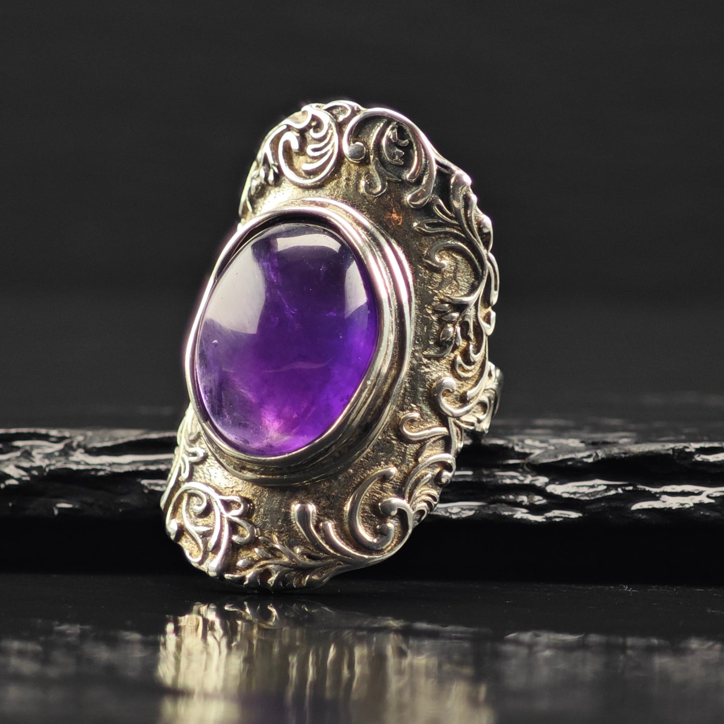 Israel PZ Amethyst Cabochon, Filigree Ring Sterling Silver Sz 7 R6370