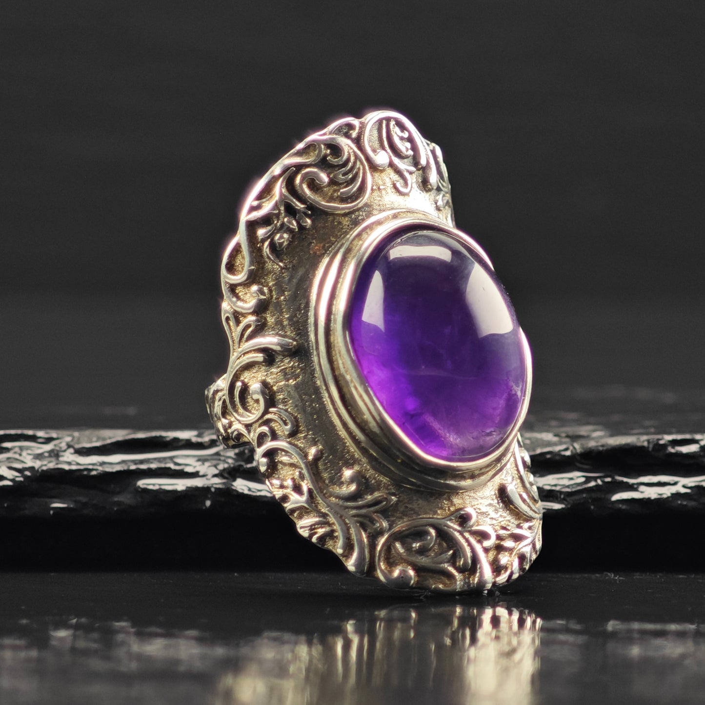 Israel PZ Amethyst Cabochon, Filigree Ring Sterling Silver Sz 7 R6370