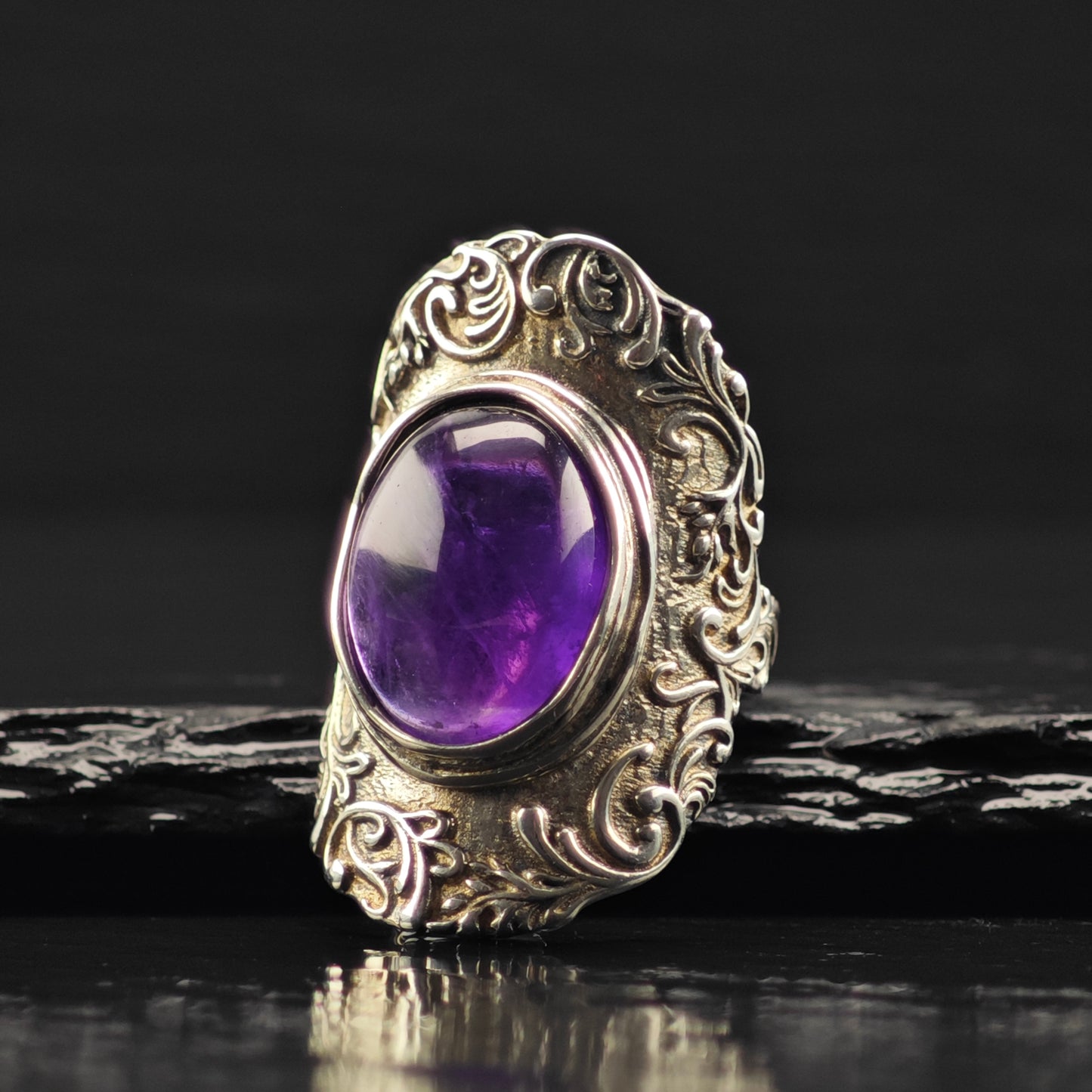 Israel PZ Amethyst Cabochon, Filigree Ring Sterling Silver Sz 7 R6370